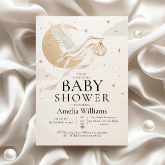 Convite Chuva de Bebê Luxo Dourado Cegonha Celestial Lua