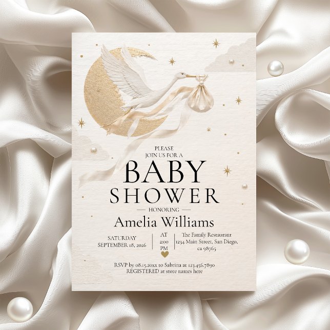 Convite Chuva de Bebê Luxo Dourado Cegonha Celestial Lua (Criador carregado)