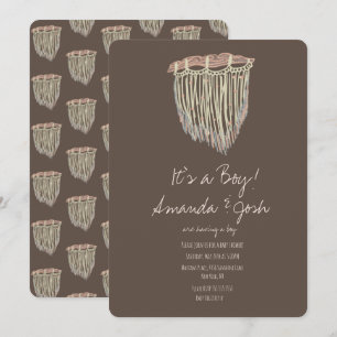 Convite Chuva de Bebê Macrame Pendurado Rústico Boho