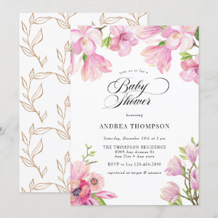 Convite Chuva de Bebê Magnólia Floral Rosa