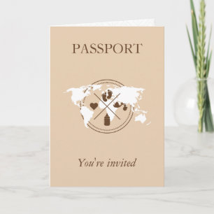 Convite Chuva de Bebê Mapa Mundi Passaporte Bege Menina Vi