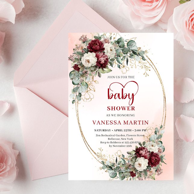 Convite Chuva de Bebê Marrom Floral Dourado Boho Moderno (Trendy Maroon Floral Gold Accent Baby Shower Invite

)