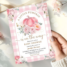Convite Chuva de Bebê Menina Abóbora Rosa Xadrez Outono