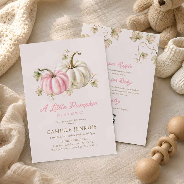 Convite Chuva de Bebê Menina Abobrinha em Aquarela (Sweet Autumn Pumpkin Baby Shower Invite)