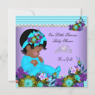 Convite Chuva de Bebê Menina Afro-Americana Azul Teal Roxo