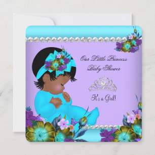 Convite Chuva de Bebê Menina Afro-Americana Azul Teal Roxo
