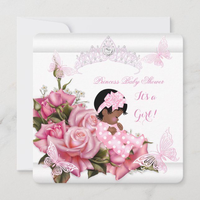 Convite Chuva de Bebê Menina Afro-Americana Borboleta Rosa (Frente)