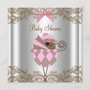 Convite Chuva de Bebê Menina Afro-Americana com Renda Rosa