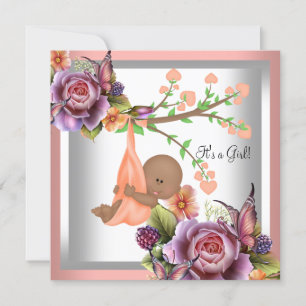 Convite Chuva de Bebê Menina Afro-Americana Coral Pêssego