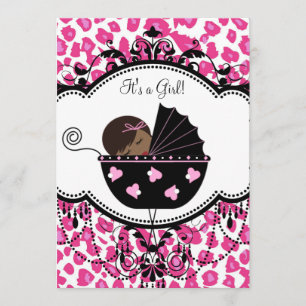 Convite Chuva de Bebê Menina Afro-Americana Leopardo Rosa