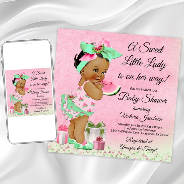 Convite Chuva de Bebê Menina Afro-Americana Melancia (Cute watermelon baby shower invitation. Instant download and printed invitations available.)