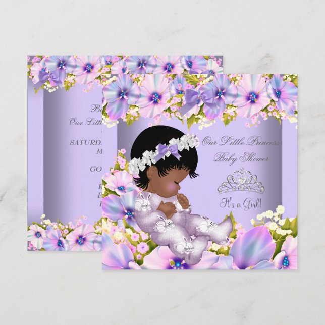 Convite Chuva de Bebê Menina Afro-Americana Princesa Roxa (Frente/Verso)
