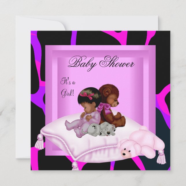 Convite Chuva de Bebê Menina Afro-Americana Rosa (Frente)