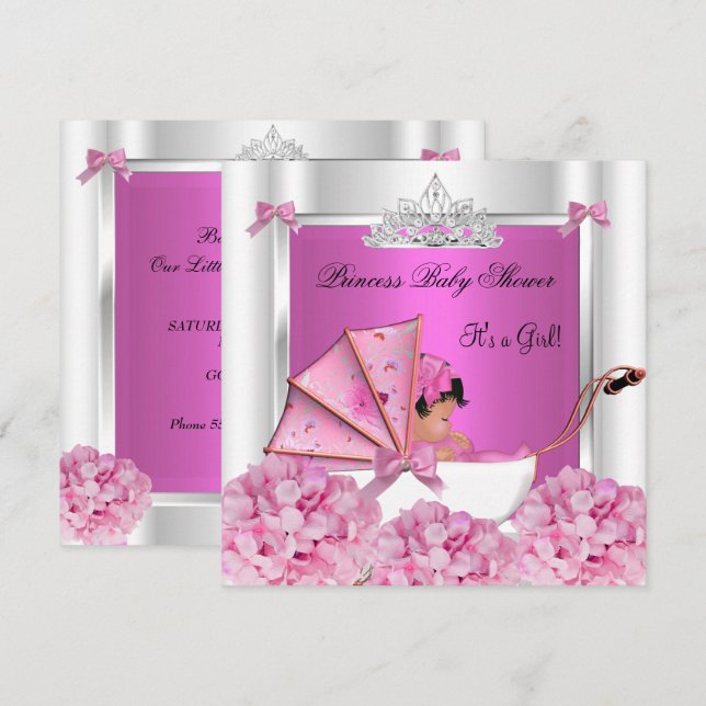 Convite Chuva de Bebê Menina Afro-Americana Rosa (Frente/Verso)