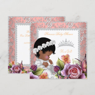 Convite Chuva de Bebê Menina Afro-Americana Rosa Coral