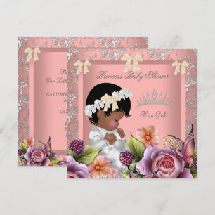 Convite Chuva de Bebê Menina Afro-Americana Rosa Coral Ros