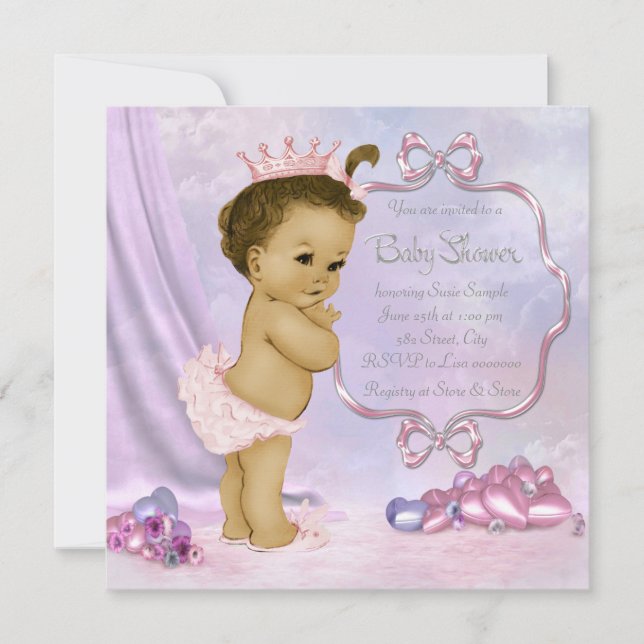 Convite Chuva de Bebê Menina Afro-Americana Rosa e Roxa (Frente)