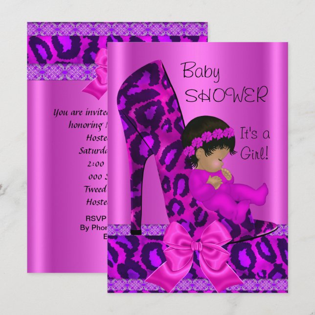 Convite Chuva de Bebê Menina Afro-Americana Rosa Leopardo (Frente/Verso)
