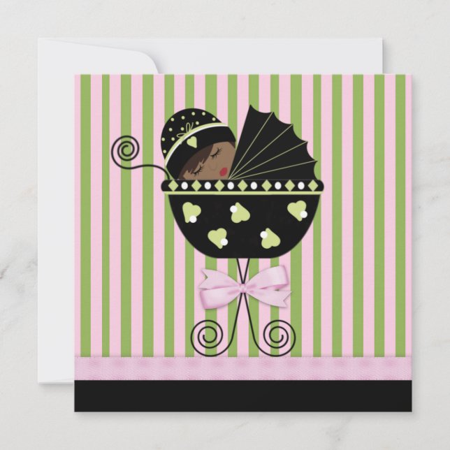 Convite Chuva de Bebê Menina Afro-Americana Rosa Verde (Frente)