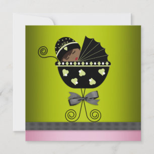 Convite Chuva de Bebê Menina Afro-Americana Rosa Verde