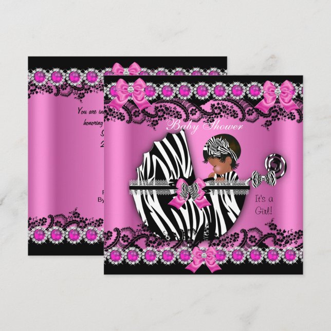 Convite Chuva de Bebê Menina Afro-Americana Rosa Zebra Car (Frente/Verso)