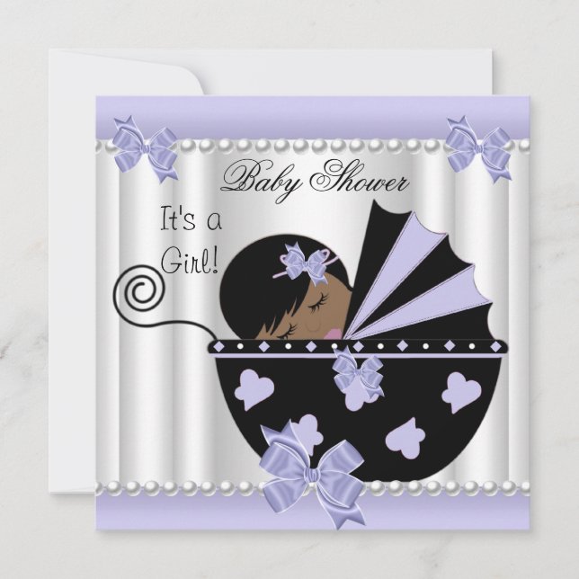 Convite Chuva de Bebê Menina Afro-Americana Roxo Branco (Frente)