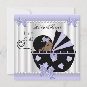 Convite Chuva de Bebê Menina Afro-Americana Roxo Branco