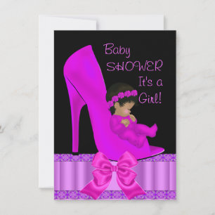 Convite Chuva de Bebê Menina Afro-Americana Sapato Rosa Ro