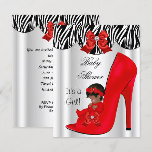 Convite Chuva de Bebê Menina Afro-Americana Sapato Vermelh