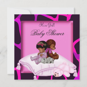 Convite Chuva de Bebê Menina Afro-Americana Urso Rosa