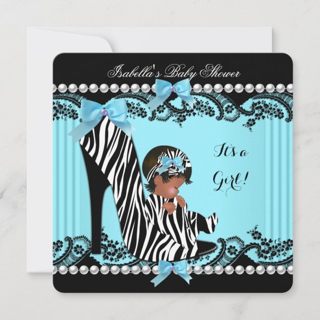 Convite Chuva de Bebê Menina Afro-Americana Zebra Azul Tur (Frente)