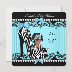 Convite Chuva de Bebê Menina Afro-Americana Zebra Azul Tur