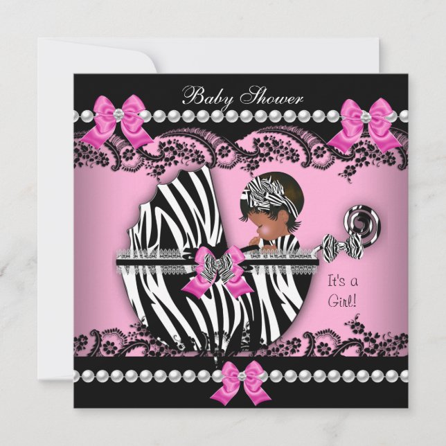 Convite Chuva de Bebê Menina Afro-Americana Zebra Rosa (Frente)