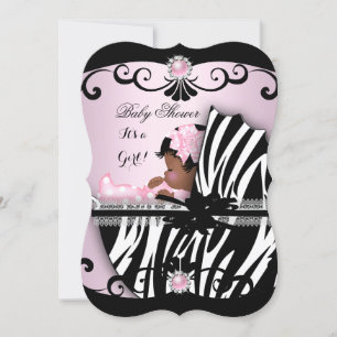 Convite Chuva de Bebê Menina Afro-Americana Zebra Rosa 4