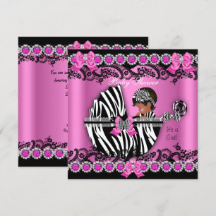 Convite Chuva de Bebê Menina Afro-Americana Zebra Rosa Car