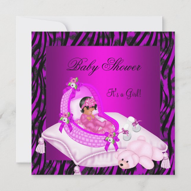 Convite Chuva de Bebê Menina Afro-Americana Zebra Rosa Que (Frente)