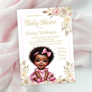 Convite Chuva de Bebê Menina Afro Dourado Rosa
