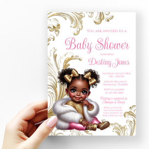 Convite Chuva de Bebê Menina Afro Glam Rosa Dourado
