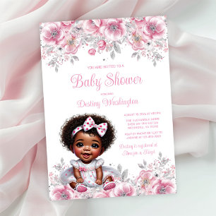 Convite Chuva de Bebê Menina Afro Prata Rosa