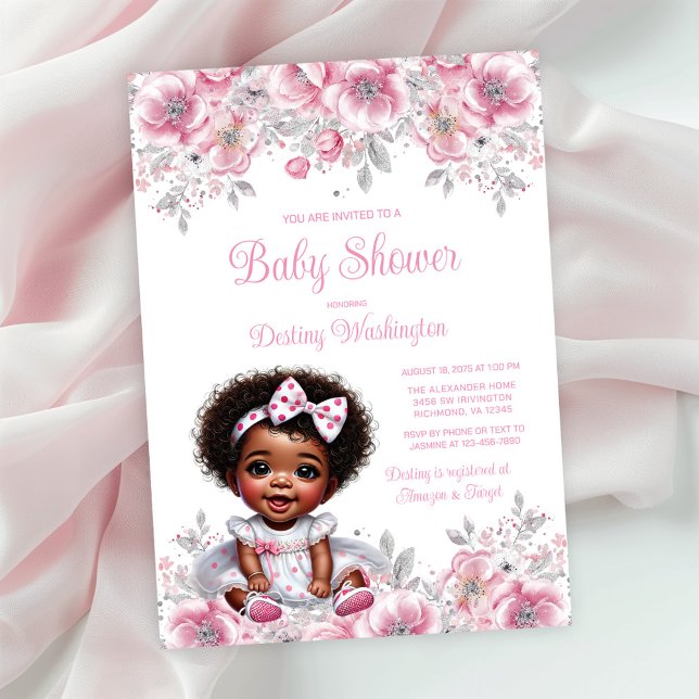 Convite Chuva de Bebê Menina Afro Prata Rosa (Simply add your event details!)