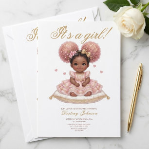 Convite Chuva de Bebê Menina Afro Puff Dourado Rosa
