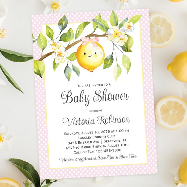 Convite Chuva de Bebê Menina Amarela Rosa Limão (Cute pink and yellow baby girl lemon baby shower invitation. Simply add your event details.)