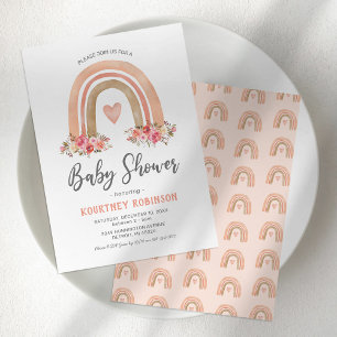 Convite Chuva de Bebê Menina Arco-Íris Boho Rosa