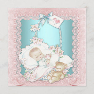Convite Chuva de Bebê Menina Azul Teal e Rosa Vintage Eleg