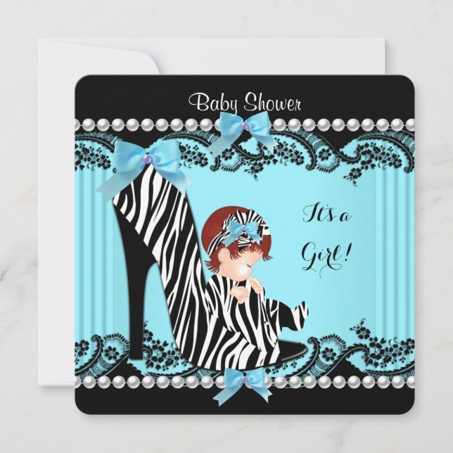 Convite Chuva de Bebê Menina Azul Teal Zebra Cabelo Vermel (Frente)