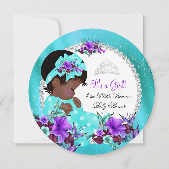 Convite Chuva de Bebê Menina Azul Turquesa Roxo Floral (Frente)