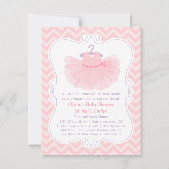 Convite Chuva de Bebê Menina Bailarina Tutu Chevron Rosa (Frente)