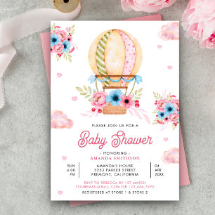 Convite Chuva de Bebê Menina Balão de Ar Quente Floral Azu