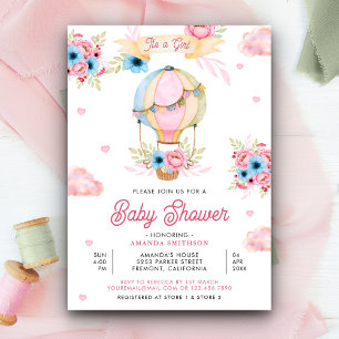 Convite Chuva de Bebê Menina Balão de Ar Quente Floral Ros