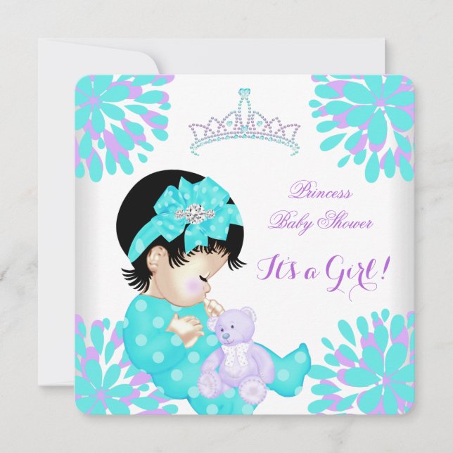 Convite Chuva de Bebê Menina Bebê Doce Azul Turquesa e Urs (Frente)